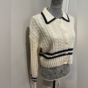 NWT Pink Rose Preppy Cream & Navy  Cable Knit Collared Cardigan. Ribbed Hem. S